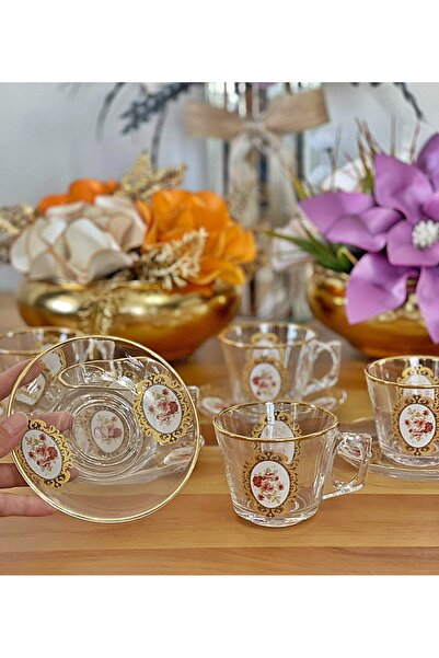 P&ORA PREMIUM KITCHEN PRODUCTS Cup Set 12 Pieces for 6 People Real Gilt (Shiny) Decorated Tea Set Coffee Set Luxury Glass