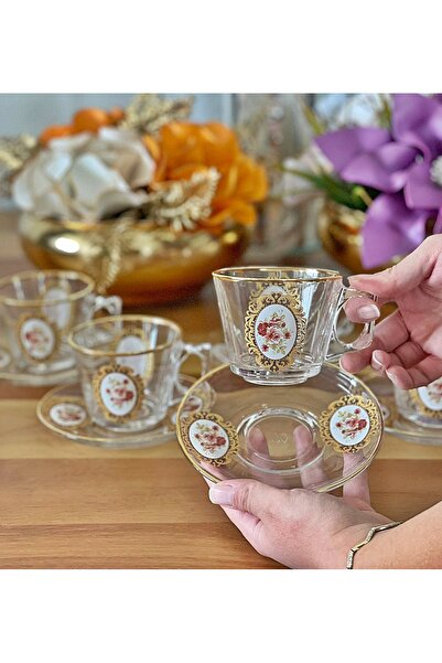 P&ORA PREMIUM KITCHEN PRODUCTS Cup Set 12 Pieces for 6 People Real Gilt (Shiny) Decorated Tea Set Coffee Set Luxury Glass