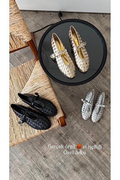 Eataly Shoes Siyah Gerçek Örgü Parlak Babet