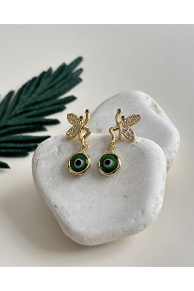 Çelik Nazar Boncuklu Taşlı Peri Kanadı Küpe