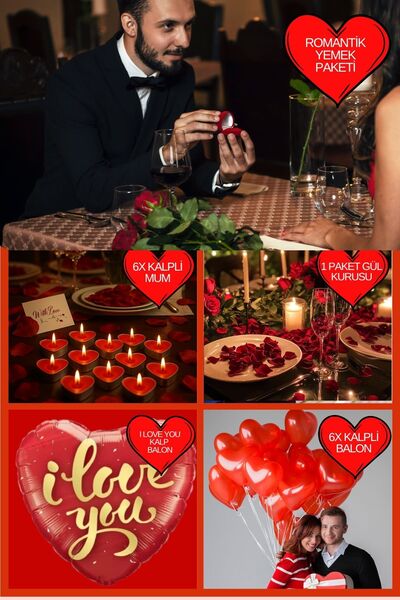 Baloncu Dede Kalpli Balon Mum Romantik Yemek Seti I Love You Yazılı Balon Gül...