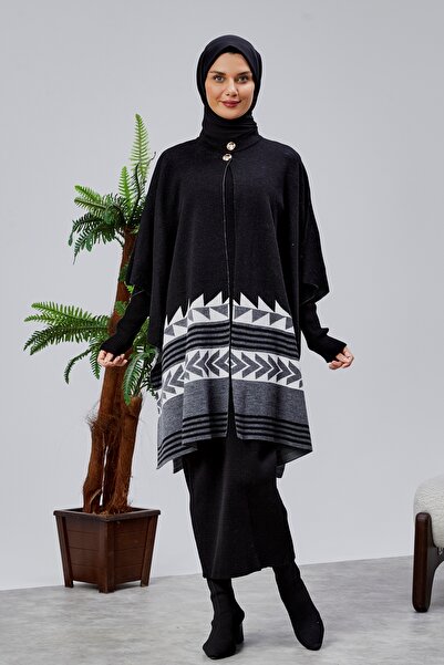 CNR TEKSTİL Tricot Poncho with Ethnic Patterned Accessories