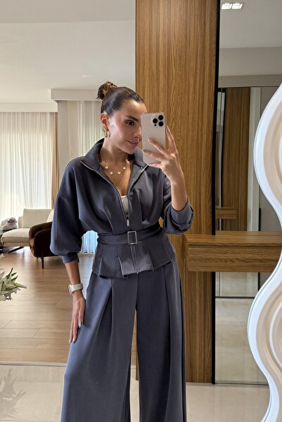 solena sln Women's Anthracite Wide Leg Modal Suit with Belt Detail