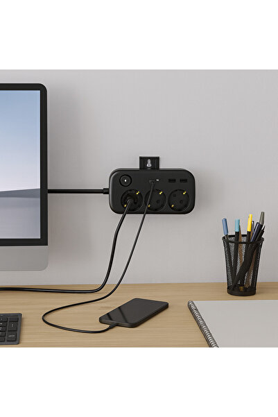 SMAYLİNG 3’lü Akım Korumalı Priz | 2 USB + 2 Type-C Anahtarlı ve Duvara Monte Edilebilir Uzatma Kablosu