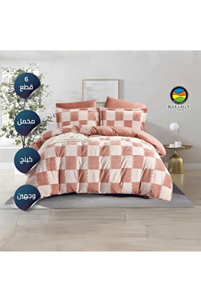 PROMISE طقم لحاف مخملي أنيق مزدوج الجوانب باللون الأزرق والأخضر - 6 قطع