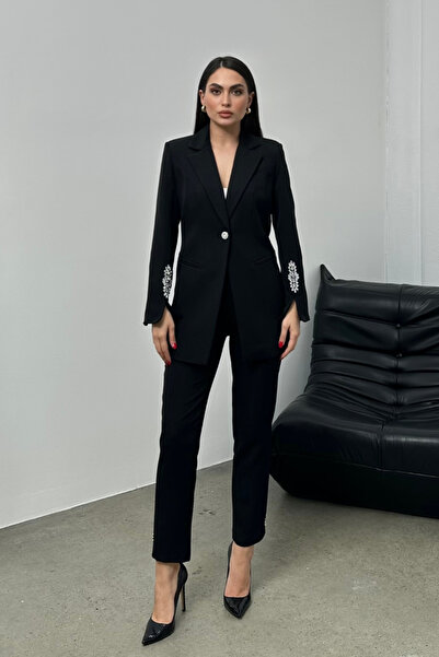 buqre's moda Women's Double Set Stone Detailed Pipe Leg Blazer Jacket Pants Set