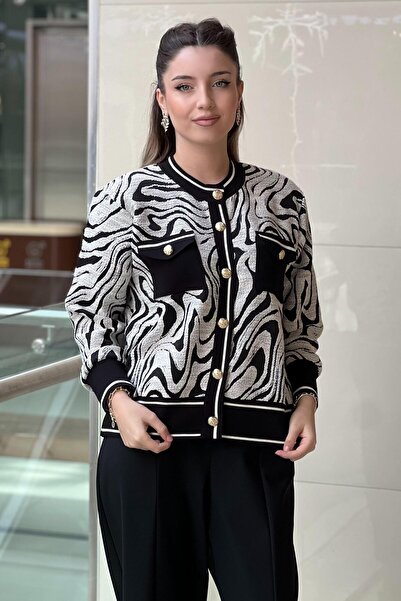 Ghisa Gold Buttoned Patterned Knitwear Cardigan