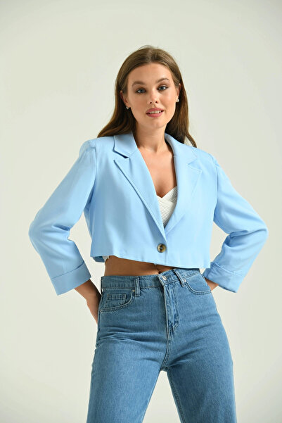 Lujiz Kadın Blazer Ceket Tek Düğmeli Vatka Detaylı Kol Katlamalı Kadın Blazer Ceket Mavi - T032