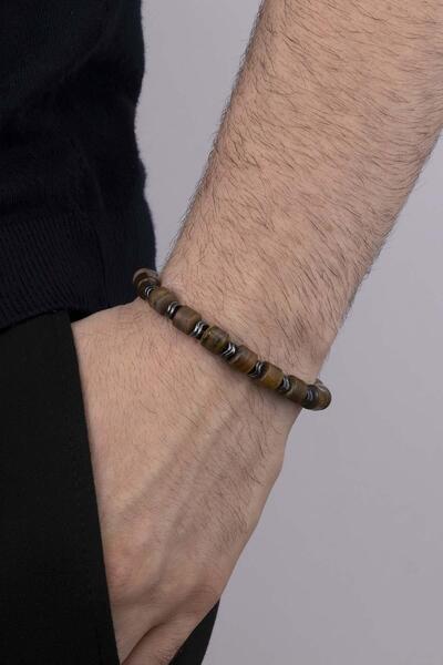 Gümüş Pazarım Cylinder Cut Tiger's Eye Classic Model Men's Natural Stone Bracelet