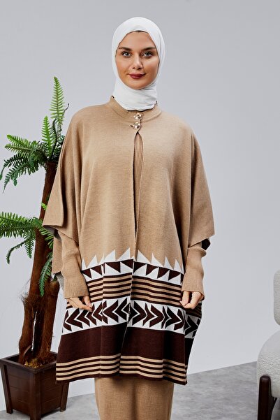CNR TEKSTİL Tricot Poncho with Ethnic Patterned Accessories