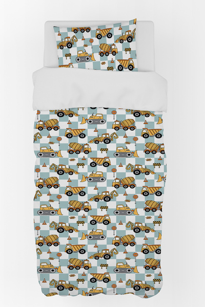BelezaHome Turquoise and White Construction Machinery Themed Single Baby Kids Bedding Set