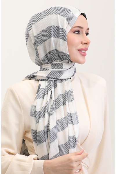 sefamerve Geometric Patterned Linen Shawl 70285-07 Navy Blue