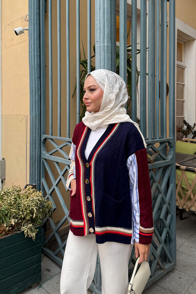 LOCCO Women's Colorful Knitted Detail Cardigan Burgundy