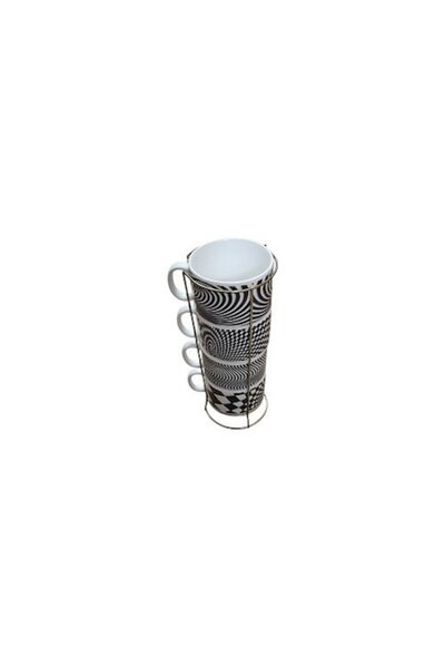 wei Set 4 căni ceramice cu suport metalic, alb-negru,