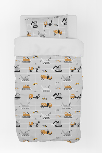 BelezaHome Gray and White Construction Machinery Themed Single Baby Kids Bedding Set