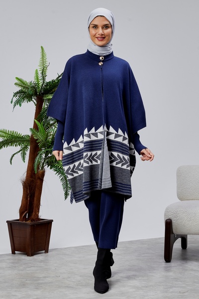 CNR TEKSTİL Tricot Poncho with Ethnic Patterned Accessories