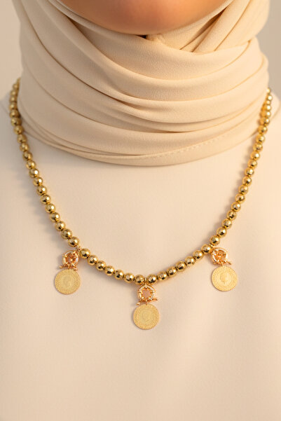 TwinsCollection Çeyrekli Altın 8mm İncili 3'ü Üçü Bir Yerde Kolye - ALTINLAR GERÇEK DEĞİLDİR
