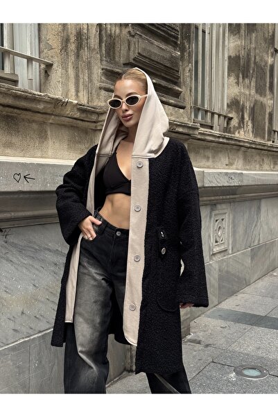 Tubik Kadın Kapüşonlu Çift Cepli Düğme Kapamalı Buklet Kaban