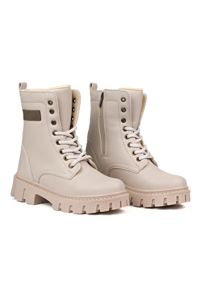 KAJILA Women's Beige Boots – Thick Sole, Zippered, Lace-Up, Comfortable, Casual, Stylish and Durable