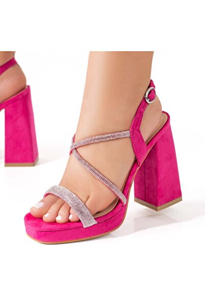 BMoD Sandale din piele de căprioară roz pentru femei, cu toc gros MOD08574