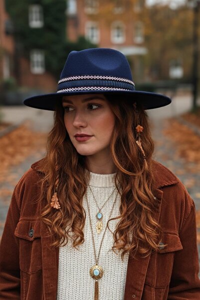 Külah قبعة فيدورا باللون الأزرق الداكن مع شريط بوهيمي