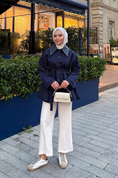 LOCCO Kadın Yakası Deri Trenç Lacivert