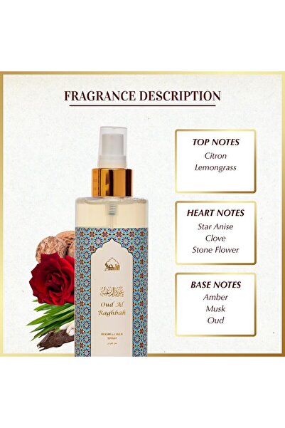 dukhni Oud Al Raghbah Attar Al Faraash | 250ml Non Alcoholic Spray | Arabic Natural Mist | Air Fresh