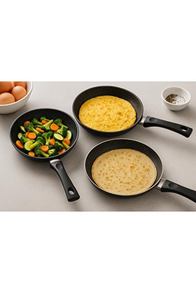 Noah Exclusive DOKUM GRANIT SAPLI TAVA SETİ-20 cm-22 cm-24 cm