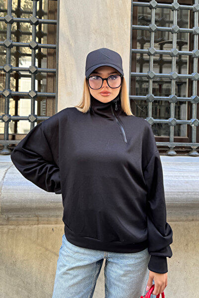 la & vetta Black Soft Textured Side Zipper Sweatshirt