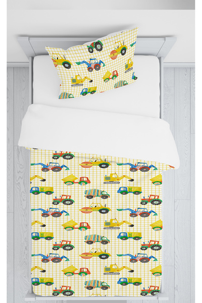 BelezaHome Yellow Plaid Construction Machinery Themed Single Baby Kids Bedding Set