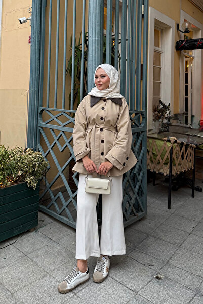 LOCCO Kadın Yakası Deri Trenç Vizon