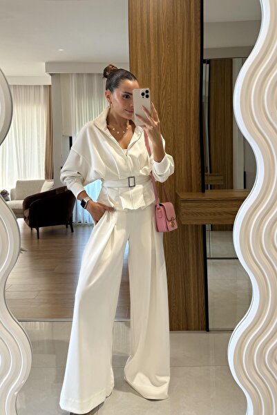 solena sln Жіночий білий пояс з деталями, широкі штани, модальний комплект