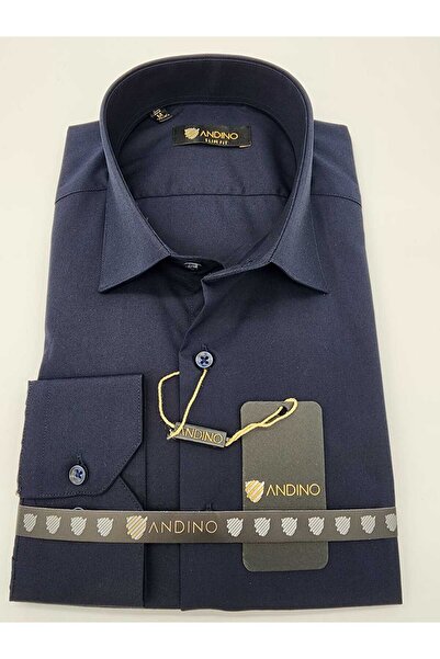 ANDINO Slimfit Navy Blue Men's Shirt Cotton Polyester with a Slim Fit Structu...