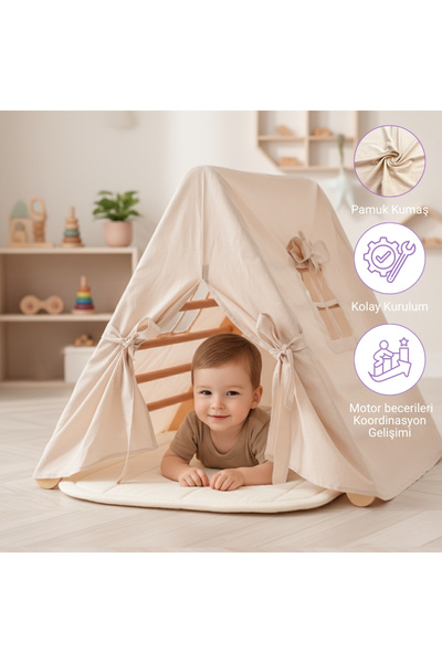 Pooki playroom Montessori Pikler Üçgeni Ekru Çadırlı