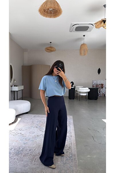Buket Teke Pantaloni palazzo fără curea, cu fermoar ascuns, albastru bleumarin
