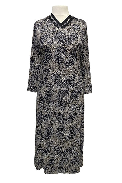 Giyinen Mağazaları Μαύρο φόρεμα Hazal με λαιμόκοψη σε σχήμα V με μοτίβο από βαμβακερό χτενισμένο ύφασμα