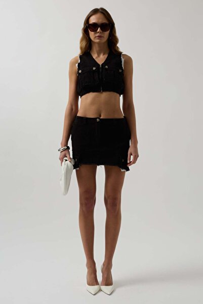 Maxi modena High Waist Lined Buttoned Mini Black Skirt - 40