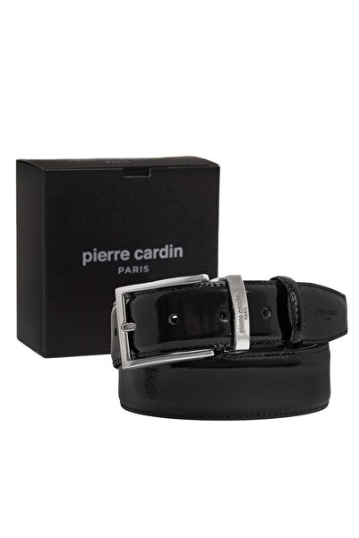 Pierre Cardin Curea pentru bărbați din piele lacuită neagră (lățime 3,5 cm) P...