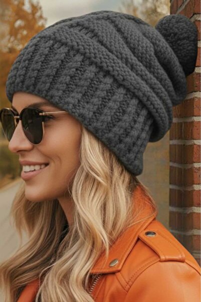 Mood Agenda Beretă de iarnă pentru femei, tricotată groasă cu pompon