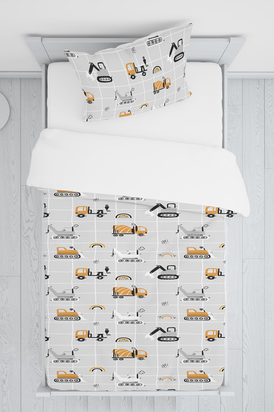 BelezaHome Gray and White Construction Machinery Themed Single Baby Kids Bedding Set
