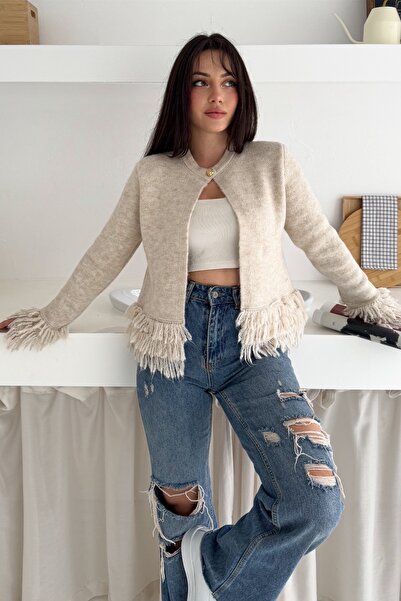 FEMELLE Women's Beige Knitwear Cardigan Tassel Detailed One Button Neckline Standard Size