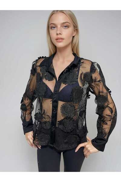 Cherry Lane 3D прозрачна тюлена блуза с флорални мотиви