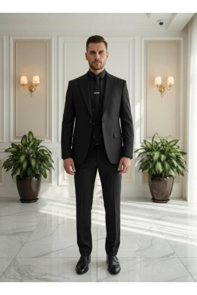 Salihtarzz Takım Elbise Yelekli SlimFit Siyah SD42225