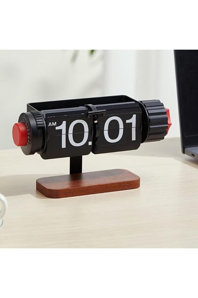 Cryfokt Flip Table Clock, Convenient Retro Wooden Mechanical Automatic Flip Clock with Alarm Clock
