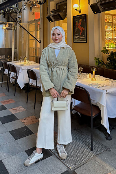 LOCCO Women's Embroidered Patterned Waist-Tie Jacket, Mildew Green