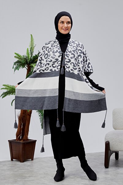 CNR TEKSTİL Leopard Printed Tricot Poncho with Tassel Accessories