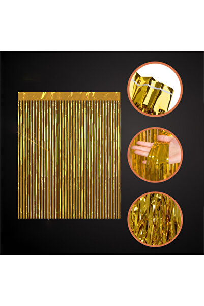 zola Διακοσμητική χρυσή κουρτίνα με λαμπερά κρόσσια, αυτοκόλλητη, ιδανική για πάρτι