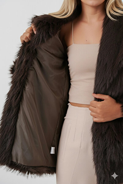 hazelin Γυναικείο παλτό από βελούδινη γούνα με λεπτομέρεια καφέ ζώνης HZL25W-BD191561