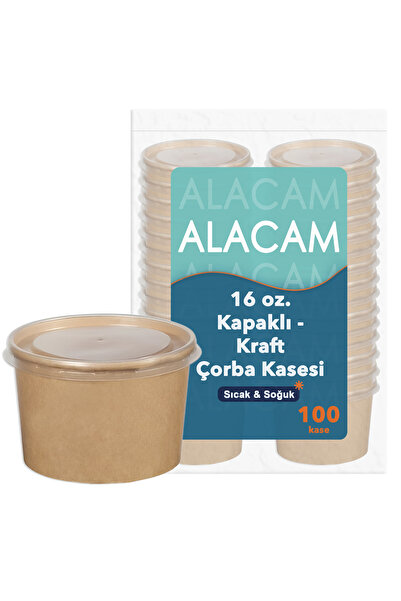 Alaçam Ambalaj 100 Adet Kapaklı Karton Çorba Kasesi (Kraft)- Sızdırmaz, Isıya...