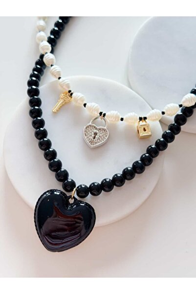 CHARMLUCKY Black Heart Pearl Bead 2-Piece Necklace